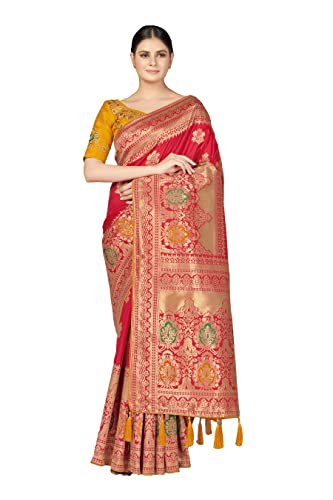 Monjolika Fashion Women's Woven Silk Saree With Blouse Piece (45560_Color_Red)
