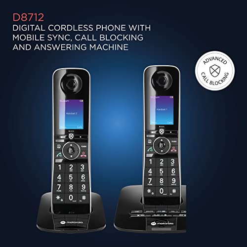 Image of Motorola Voice D8712 Wireless Phone System with 2 Digital Handsets + Bluetooth for Cellphone, Answering Machine, Call Pad - Black