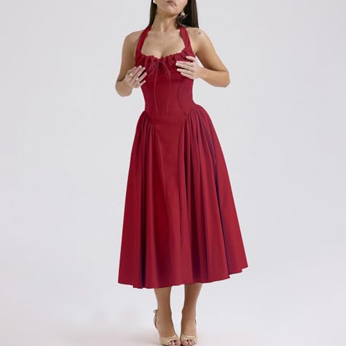 Image of Women Floral Corset Dress Halter Neck Low Cut Bustier Lace Midi Dress Flowy Pleated Hem Long Sundress with Pockets