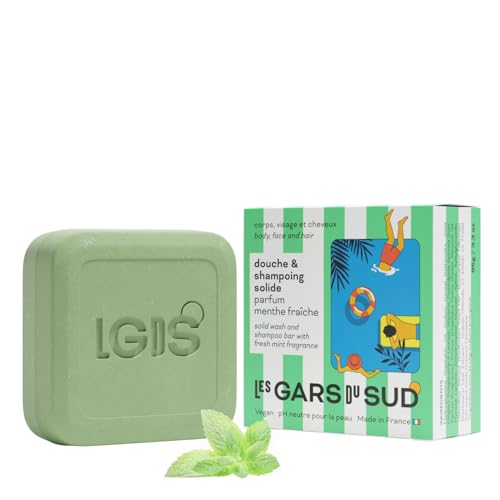 Les Gars du Soud Gel de ducha y champú sólido 3 en 1 95 g, fragancia de menta fresca, vegano, pH neutro, fabricado en Francia