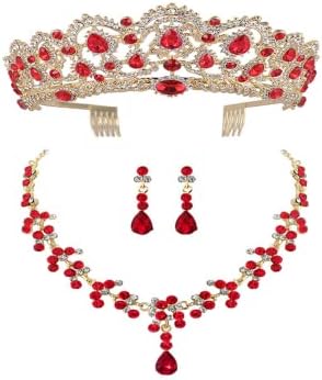 Generic Wedding Tiaras and Earrings Set, Tiara Necklace Bridal Flower Jewelry Set Baroque Crystal Crown with Comb Retro Rhinestone Bridesmaids Queen Costume for Prom Party ( red ), (08R06I16DH)