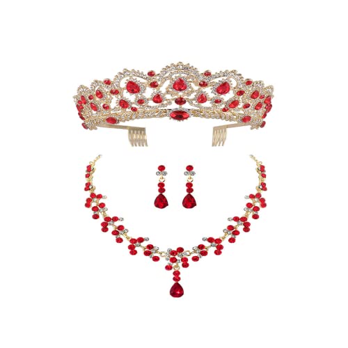 Generic Wedding Bridal Flower Jewelry Set Baroque Tiara Crystal Crown with Comb Retro Rhinestone Necklace Earrings Bridesmaids Queen Costume for Prom Party ( red )
