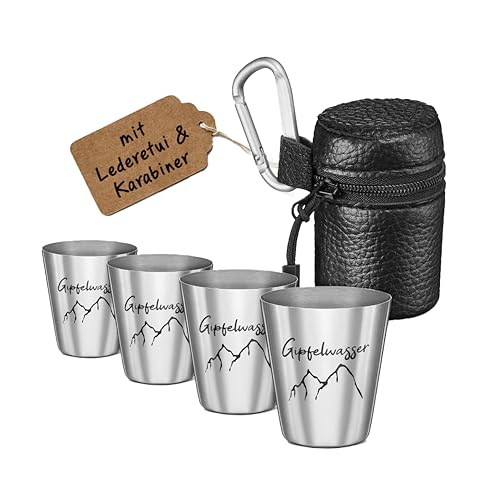 Gipfelgaudi Gipfelwasser Stamperl inkl. Etui I 4 Stamperl im Lederetui mit Karabiner I Federleichte Stamperl aus rostfreiem Edelstahl