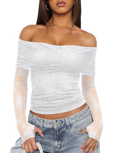 ANRABESS Off Shoulder Tops for Women Mesh Long Sleeve Floral Lace Slim Fit Blouses Shirts 2025 Y2K Going Out Fall Clothes White Leaf Medium