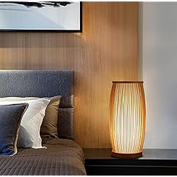 Lamparas De Bambu Rattan LANMOU Lámpara Mesita De Noche de Bambú y Rattan, Lámpara De Mesa Vintage Natural Regulable, E27 * 1, 3000K, Linterna LED Rústico de Mimbre para Dormitorio, Salón,Dimmer switch