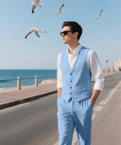 WOMS Mens Linen Suit 2 Piece Casual Summer Suits for Men Groomsmen Beach Wedding Party Vest Pants Suit3