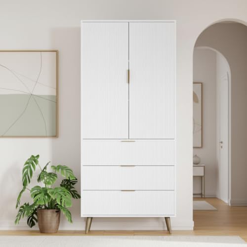 Image of Fluted Tall Cabinet, Kitchen Pantry Cabinet with Adjustable Shelves, Wood Cupboard with 2 Doors, Mid Century Modern Cabinet for Living Room Dining Room Entryway Office, Walnut