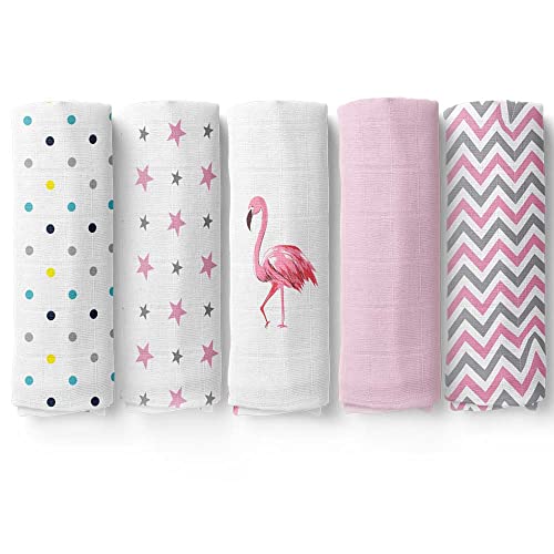 Image of haus & kinder Muslin Swaddle Blanket for Newborns, Pack of 5 Super Soft & Skin-Safe Cotton Baby Swaddle Blankets, for Boys & Girls (Pink Edition)