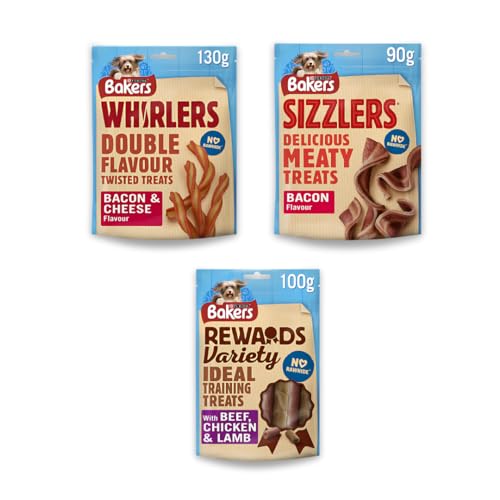 Baker's Dog Food Treats Bundle for Small to Large Dogs - Mixed Rewards, Sizzlers Bacon & Whirlers, Bulk Dog treats, Rich in Vitamins & Omega, Low Fat, 320G