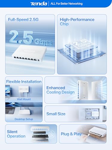 Image of Tenda 8 Port 2.5G Ethernet Switch, Multi-Gigabit 2.5Gb Ethernet Splitter | Unmanaged Network Switch, 8 x 2.5 Gigabit Ports, Plug & Play, Fanless Quiet, Desktop /Wall Mount, for Router, PC, NAS (SM108)