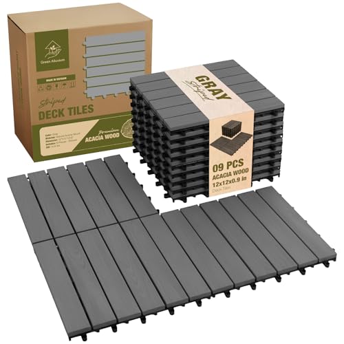 Premium Acacia Wood Interlocking Deck Tiles, 9 PCS 12"x12"x0.9" Patio