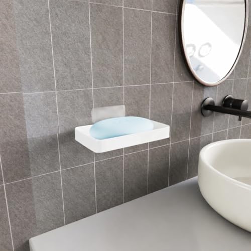 Image of Soap Stand for Bathroom | Stickable Wall Holder | Drill free adhesive soap dish. Single plastic washbasin organizer. Easy installation for shower