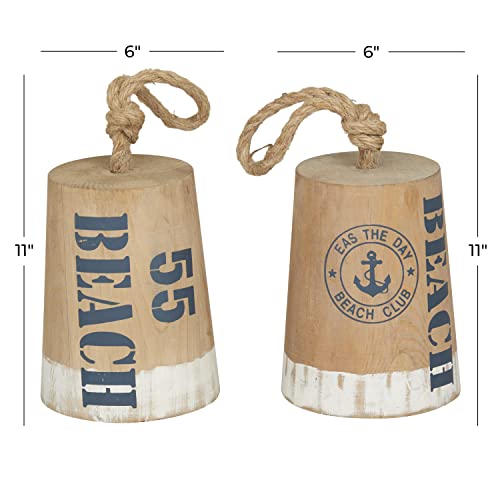 Deco 79 Wood Buoy Door Stopper Sculpture With Rope Accents, Set Of 2 6" W, 11" H, Brown #TOP2