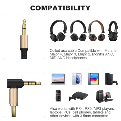 Gneinour Major 3 Cable with Microphone Compatible with Marshall Major II, Major III, Major IV, Major V, Monitor II Active Noise Canceling Headphone, 5-7.5ft