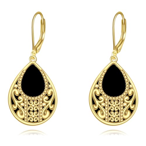 Black Onyx Drop Earrings for Women Sterling Silver 14k Gold Plated Filigree Dangle Leverback Earrings Jewelry Gift for Girls - Main Image