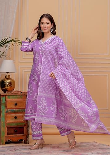 Image of MEERA FAB Women's Cotton Blend Straight Printed Kurta with Palazzo & Dupatta