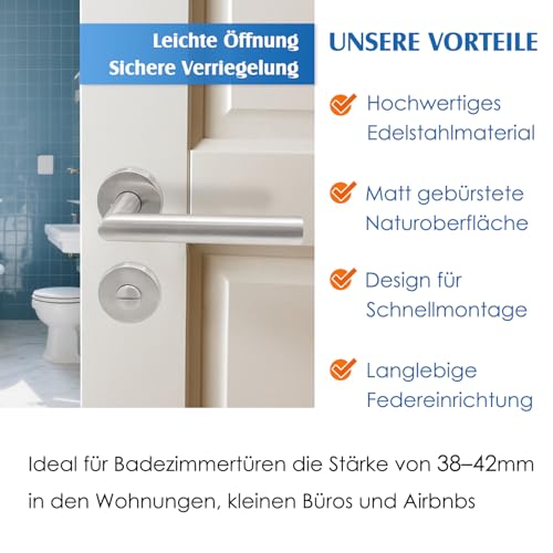 KARATINTL Drückergarnitur wc Edelstahl,wc Türgriff-Set Edelstahl,Badezimmer Türgriff Rund-Rosette,L-Form, WC - Badezimmer, DIN-Norm (Rund-WC/Badezimmer)