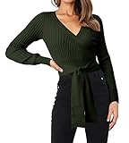 BTFBM Women Wrap Deep V Neck Cropped Sweaters Long Sleeve High Waist Tie Front Slim Fit Ribbed Knit Pullover Sweater Top(Solid Dark Army Green, Small)