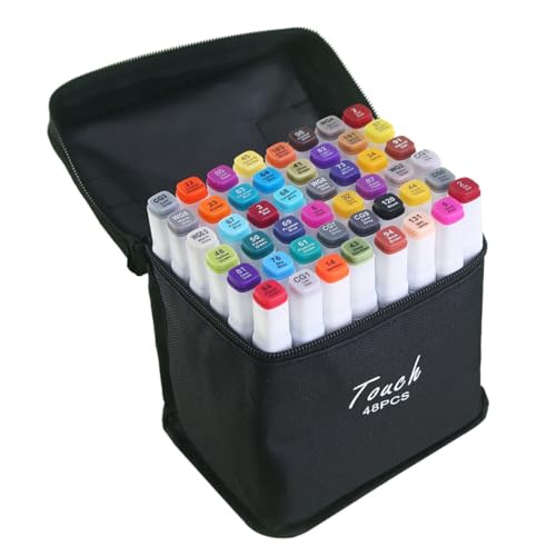 Estojo 48 Canetas Marcador para Colorir - Kit Conjunto Canetinha Profissional Tiktok Marcadora Permanente de Ponta Dupla em Cores diferenciadas -Tampa Codificada - Linha Premium. Natureasy (48)