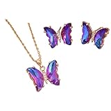 Pingyongchang Butterfly Necklace Earrings for Women Minimalist Cubic Zircons Gold Butterfly Pendant Earrings Necklace Cute Crystal Butterfly Jewelry Set for Women Gifts Jewelry-Deep Purple
