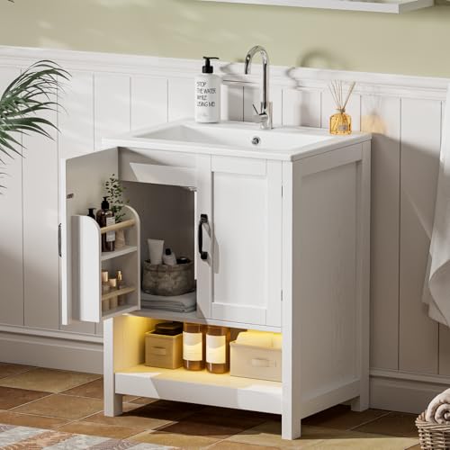 ELEVACHIC 24 Inch Bathroom Vanity with Sink, Modern Bathroom Cabinet with LED Light, Bathroom Vanity Set, Double Soft Closing Cabinet Door with Organizer, White