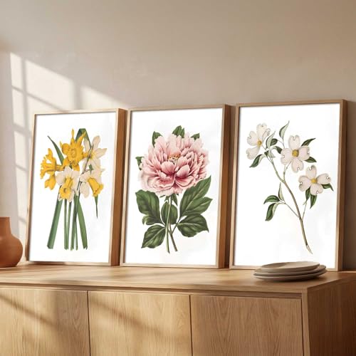 Image of kotart Floral Art Home Decoration | Aesthetic Floral Paintings With Frame For Living Room Bed Room Hotel Wall Decor Digital Reprint Set of 3 (20x30 Inch)