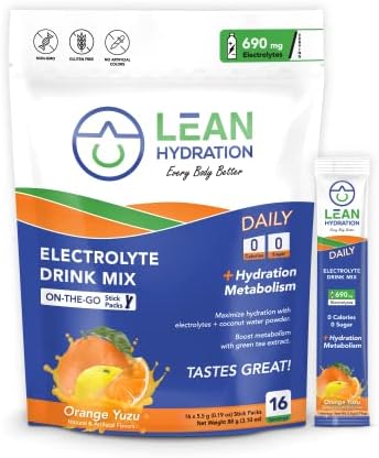 LEAN Hydration Daily Electrolyte Hydration Packets Drink Mix | Hydrate – Metabolize – Energize | Zero Calories, Zero Sugar plus Vitamins, Minerals & Green Tea Extract | 16 ct (Orange Yuzu)
