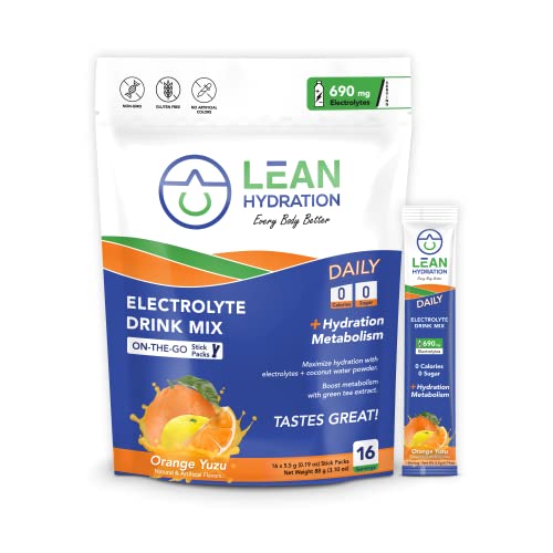 Lean Hydration Daily Electrolyte Hydration Packets Drink Mix | Hydrate – Metabolize – Energize | Zero Calories, Zero Sugar Plus Vitamins, Minerals & Green Tea Extract | 16 Ct (Orange Yuzu) #TOP26