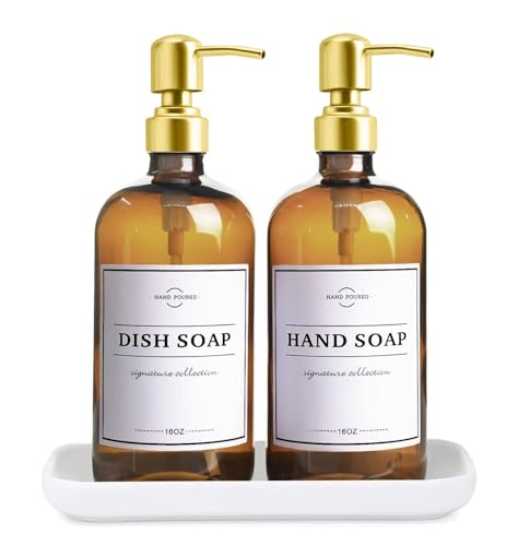 Glass Soap Dispenser with Pump and Tray - Refillable Amber Soap Dispenser Bottles Used for Hand Soap, Dish Soap, Lotion - Vintage Soap Dispenser Bathroom and Kitchen Set (Amber Bottles; Gold Pumps)