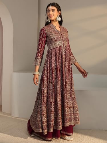 Image of Libas Art Embroidered Georgette Anarkali Kurta With Palazzos and Dupatta | ethnic wear | bridal suit | occasion wear
