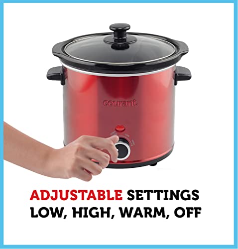 Courant Slow Cooker 3.2 Quart Crock Dishwasher Safe Stainproof Pot And Glass Lid, Round Manual Slow Cooker, Red Stainless Steel #TOP2