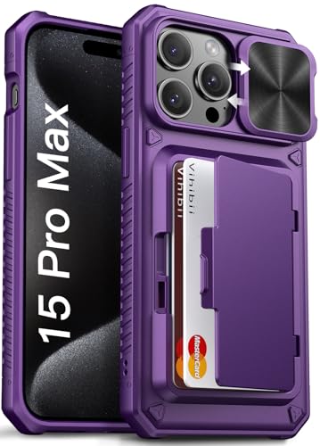 Image of Vihibii for iPhone 15 Pro Max Case with Card Holder (4 Cards) & Slide Camera Cover & Kickstand, Military Grade Drop Protection, Rugged Hard Back & Silicone Edge Wallet Back Cover, 6.7 inch, Dark Purple