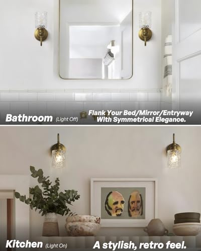 Image of Vintage Gold Sconces with Clear Glass Shade, Indoor Hardwired | wall mounted light for bathroom mirror, living room, bedroom, kitchen,easy install & clean,rustproof,hand glass,E26, UL