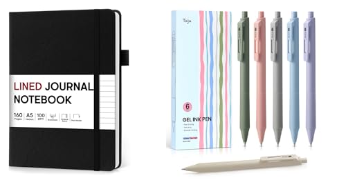 Taja A5 Lined Journal Notebook 160 Pages and Gel Pens, 6 Pcs Quick Dry Blcak Gel Ink Pens