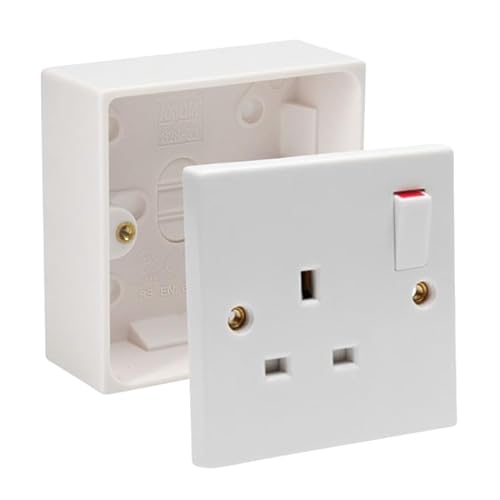 Single Switched Socket 1Gang 13Amps White Electrical Outlet - Compatible with Single 25/35/45mm Pattress Back Box Surface Mounted 1 Gang (1, SET with 35mm Box)