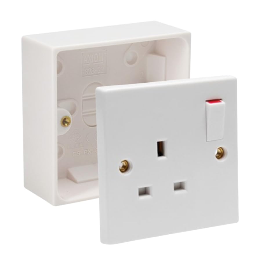 Single Switched Socket 1Gang 13Amps White Electrical Outlet - Compatible with Single 25/35/45mm Pattress Back Box Surface Mounted 1 Gang (10, SET with 35mm Box)