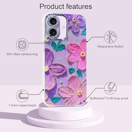 Image of Elzzi Compatible with iPhone 17 Case Oil Painting Flower Colorful with Lens Prtotection Shockproof PC+TPU Glossy Back Cover for Girls Women, Pink Purple