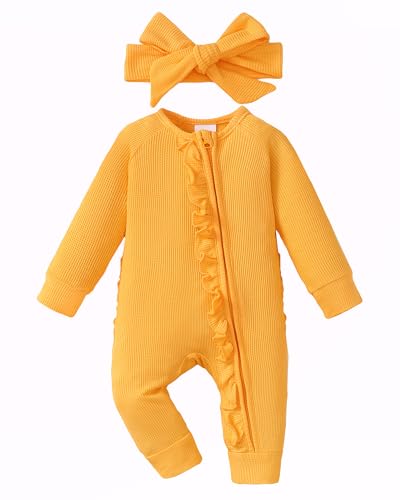 Image of Mikrdoo Newborn Infant Baby Girl Clothes Fall Winter Outfits Long Sleeve Zipper Rompers with Headband