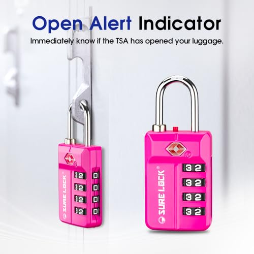SURE LOCK TSA Approved 4-Digit Resettable Combination Luggage Locks with Open Alert, Easy-Read Dials - for Luggage, School Lockers, Gym, Office, Toolbox & Security Cases (Pink 2 Pack)4