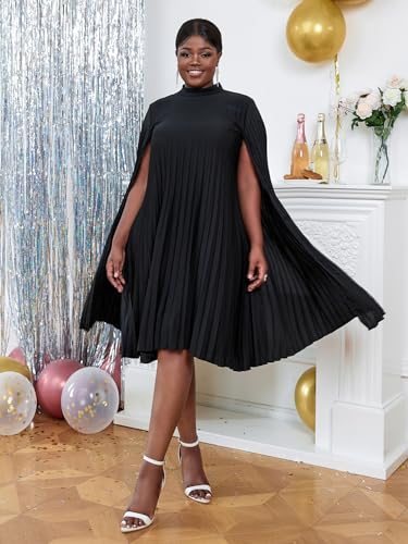 AOMEI Women's Stand Collar Pleated Cape Sleeve Loose Knee Length Dress Plus Size2