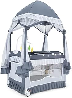 COSTWAY Baby Cot, 4 in 1 Convertible Infant Bed with Detachable Canopy, Changing Table, Mosquito Net, Hanging Toys and Carry Bag, Foldable Bassinet for 0 to 36 months (Grey)