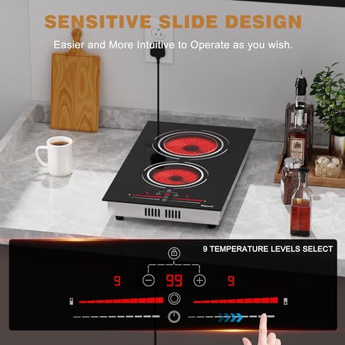 Disaenvir Electric Cooktop in Ceramic Dual Ring, 2 Burner Plug in Portable Electric Hob 2800W, 30cm Built-in & Countertop Stove Top with Extended Zone, Slide Control & Touch Control, Safety Lock - Image 3