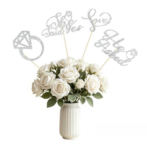 TONIFUL 12 Pcs Glitter Silver He Asked She Said Yes Centerpiece Topper