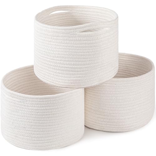 Image of OIAHOMY Small Storage Baskets for Organizing,Closet Cube Shelf Storage, 9.8”×9.8”×7.1”, Woven Cotton Rope Gift Baskets for Nursery,Cute Dog Toy bins, Round 3 Packs, White