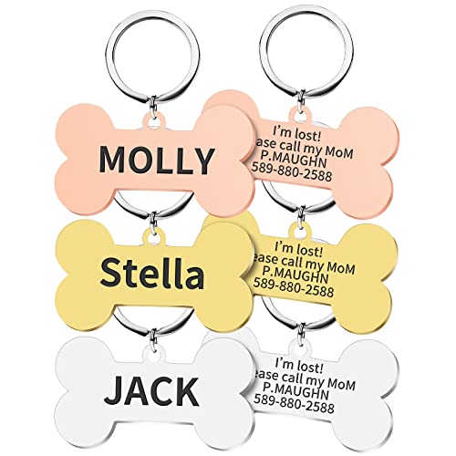 Personalized Dog Cat ID Tag Engraving deep Dog tag Anti-Lost Pet Name Pendant Bone Shape Suitable for Small, Medium and Large Dogs Pet Accessories (Gold, Small)