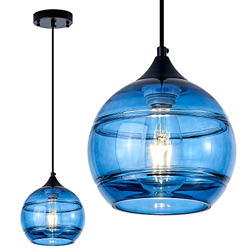 Blue Glass Pendant Light,Glass Round Shade Pendant Lighting Fixture For Kitchen Island, Sink, Counter, Bar, Dining Room, Matte Black Finish 1 Pacs #TOP9