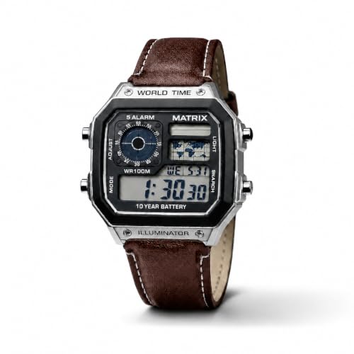 Image of Matrix Illuminator Leather Strap Digital Watch with Alarm, Stopwatch, World Time | for Men & Women