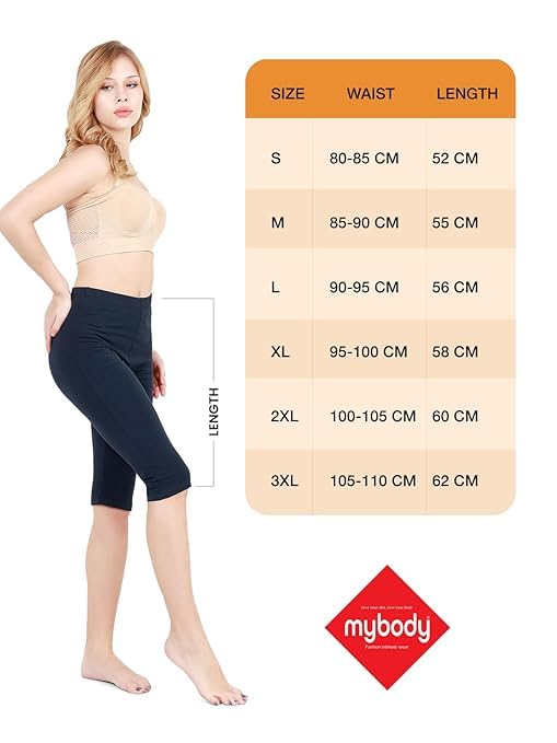 Image of mybody Women's Cotton Knee Length Cycling Shorts | Stretchable Breathable Biker Gym Yoga Workout Shorts | Mid Waist Athletic Fit