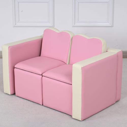 IKIFLY キッズ ソファ 子供用ソファーテーブル セット 2人掛け 肘掛けがテーブルになるソファ収納付き 組立不要 読書用多機能子ども用 チェア キッズルーム 子供部屋 リビング (ピンク)