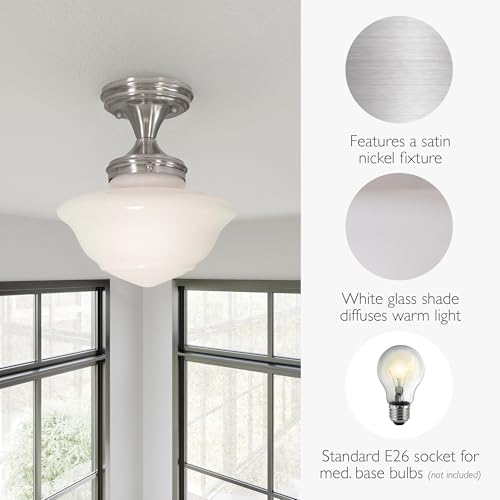 Image of Design House Vintage-Inspired Schoolhouse Semi-Flush Mount Ceiling Light, 9 in x 9 in x 10 in, Satin Nickel, White Glass Shade, 577494